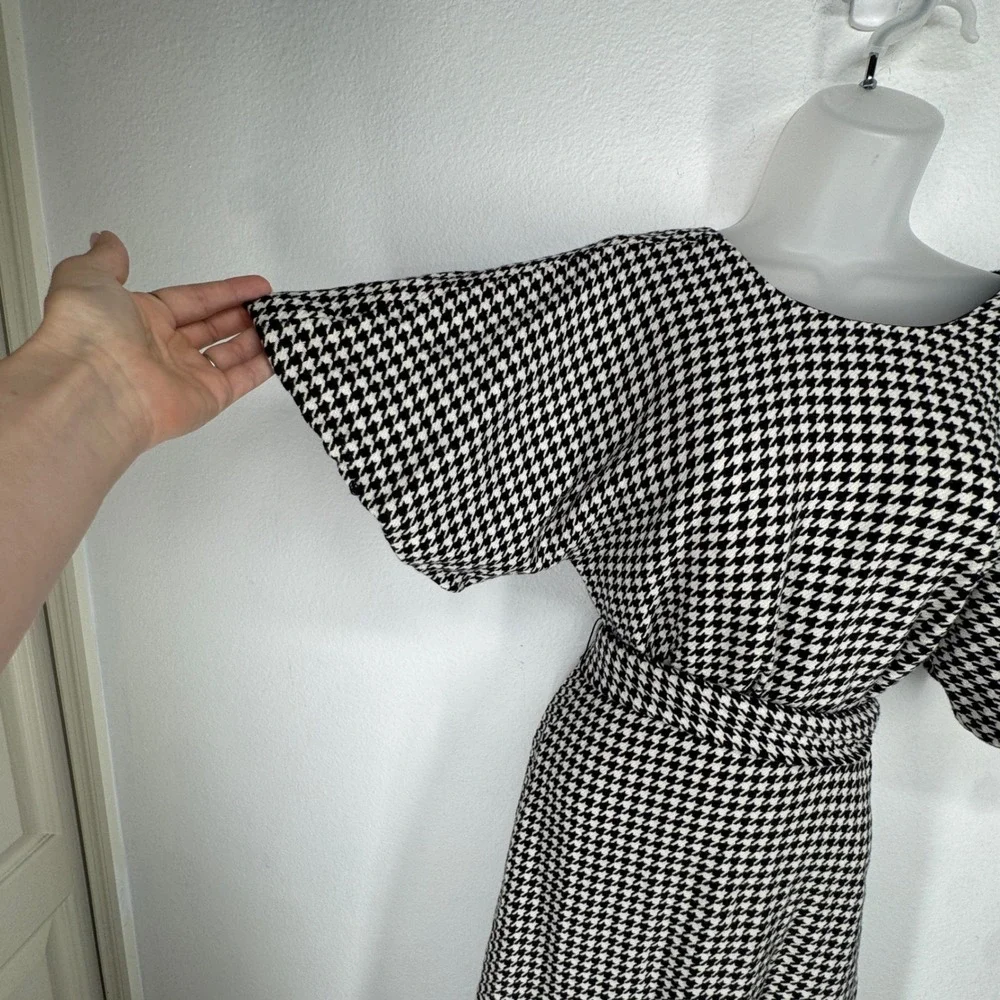 Zara Houndstooth Flutter Sleeve Midi Dress Tie‎ Small Retro Pin Up French Girl